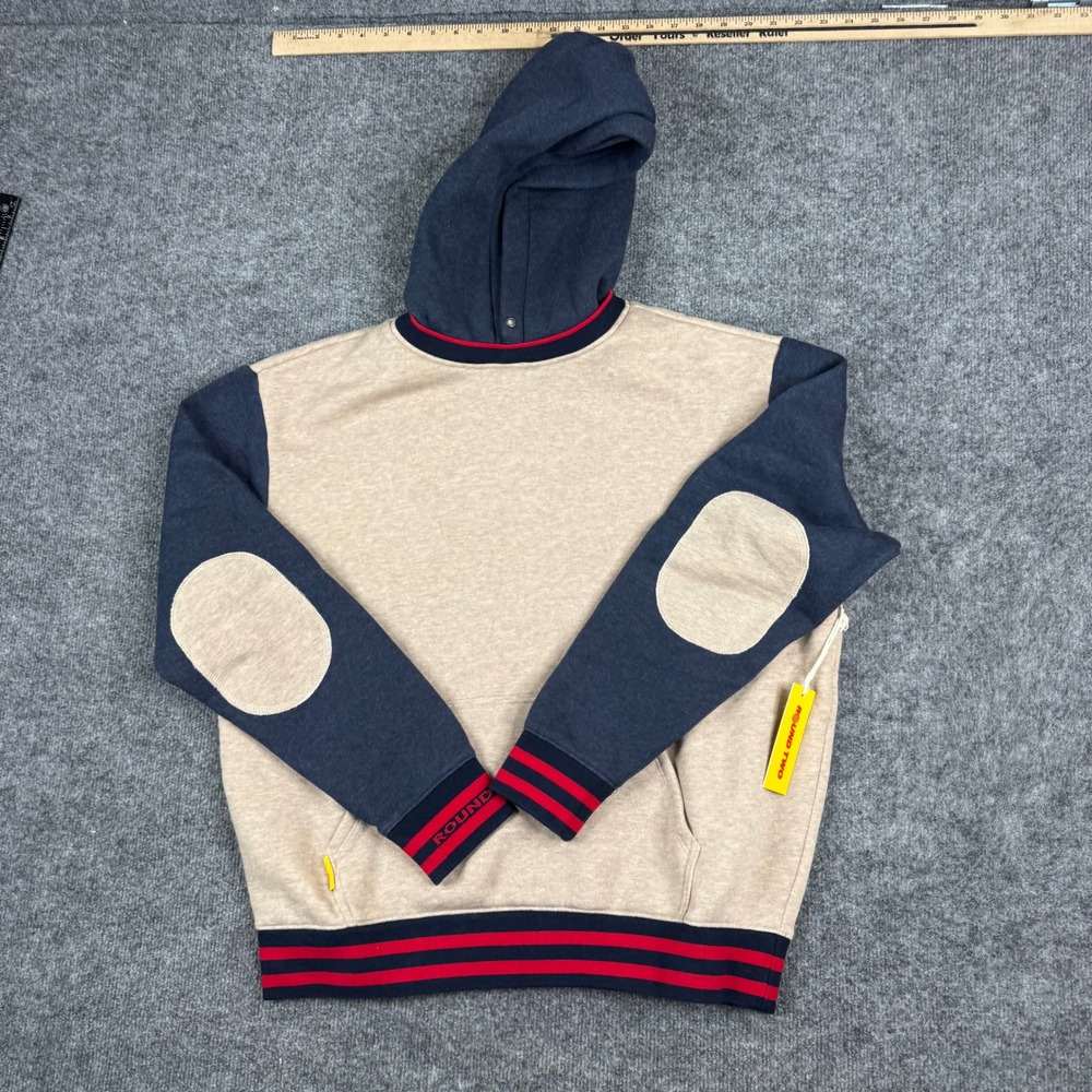 Round Two Hoodie Mens Size M Tan Navy Blue Cotton Colorblock Varsity Elbow Patch
